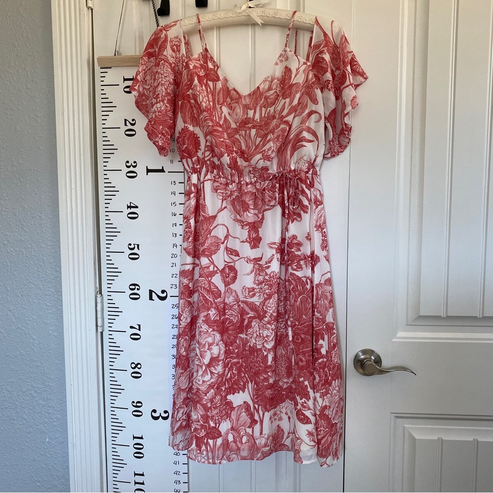 LOFT White and Red Floral Midi Dress